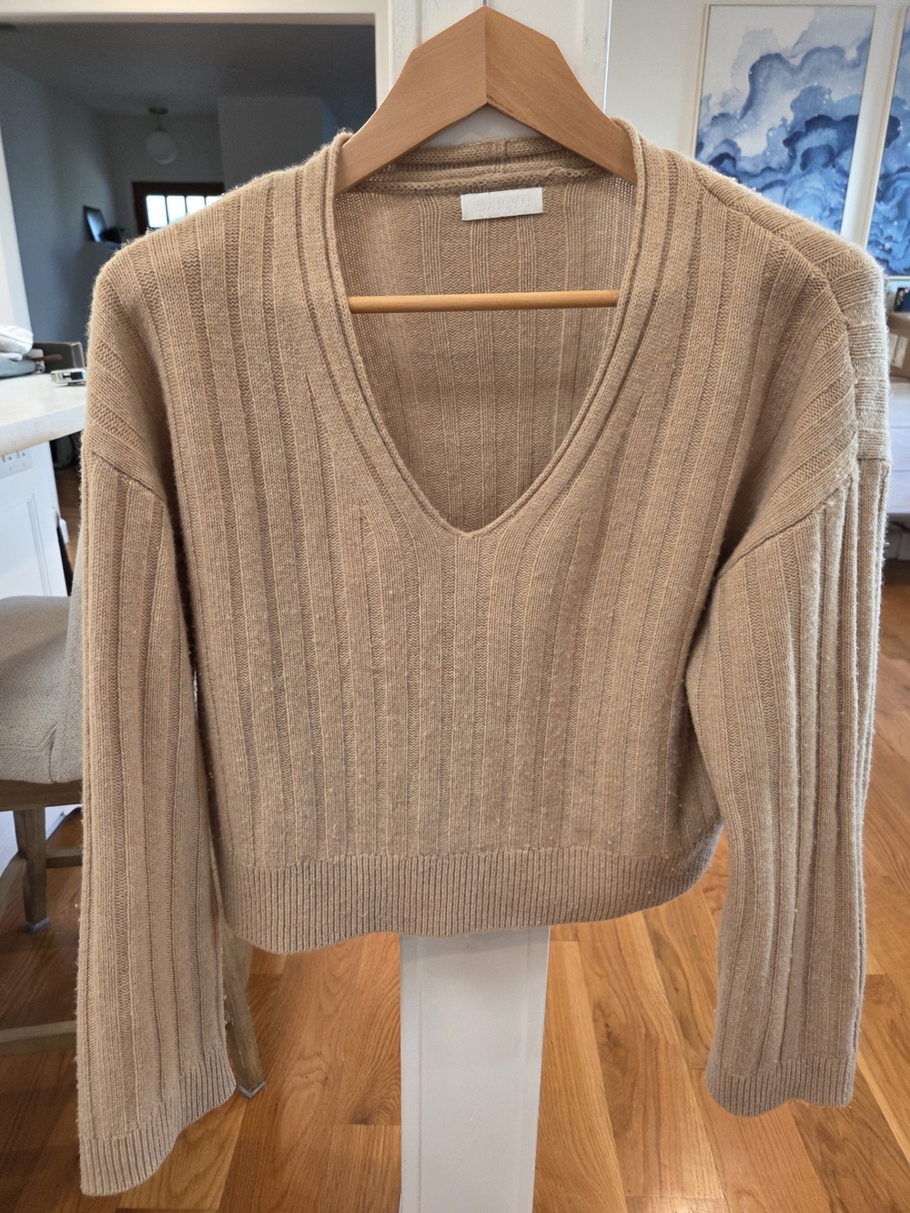 Sablyn Women's Ribbed V-Neck Cropped 100% Cashmere Sweater in Camel (XS)